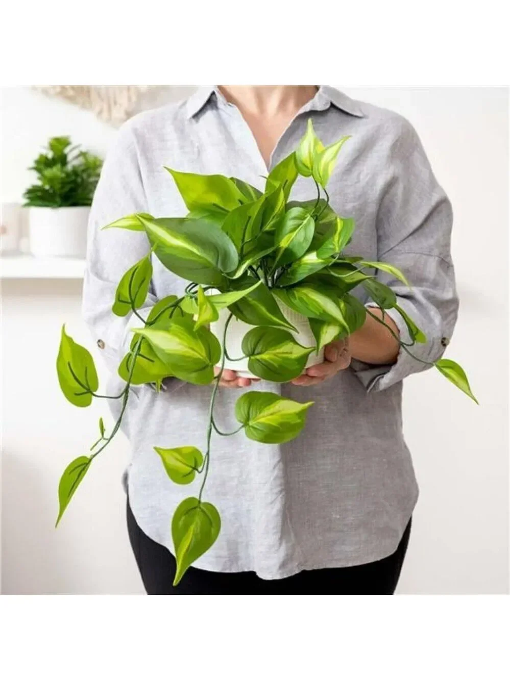 Artificial pothos plant faux trailing ivy in ceramic pot shelf decor indoor outd
